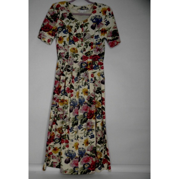 Vintage Dennis Goldsmith Floral Maxi Canvas Dress 8 100% Cotton Zip Buttons - Picture 1 of 14